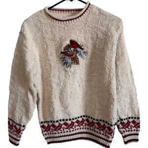 Vintage 90s Womens Cardinal bird embroidered small cotton Sweater patterned 80s